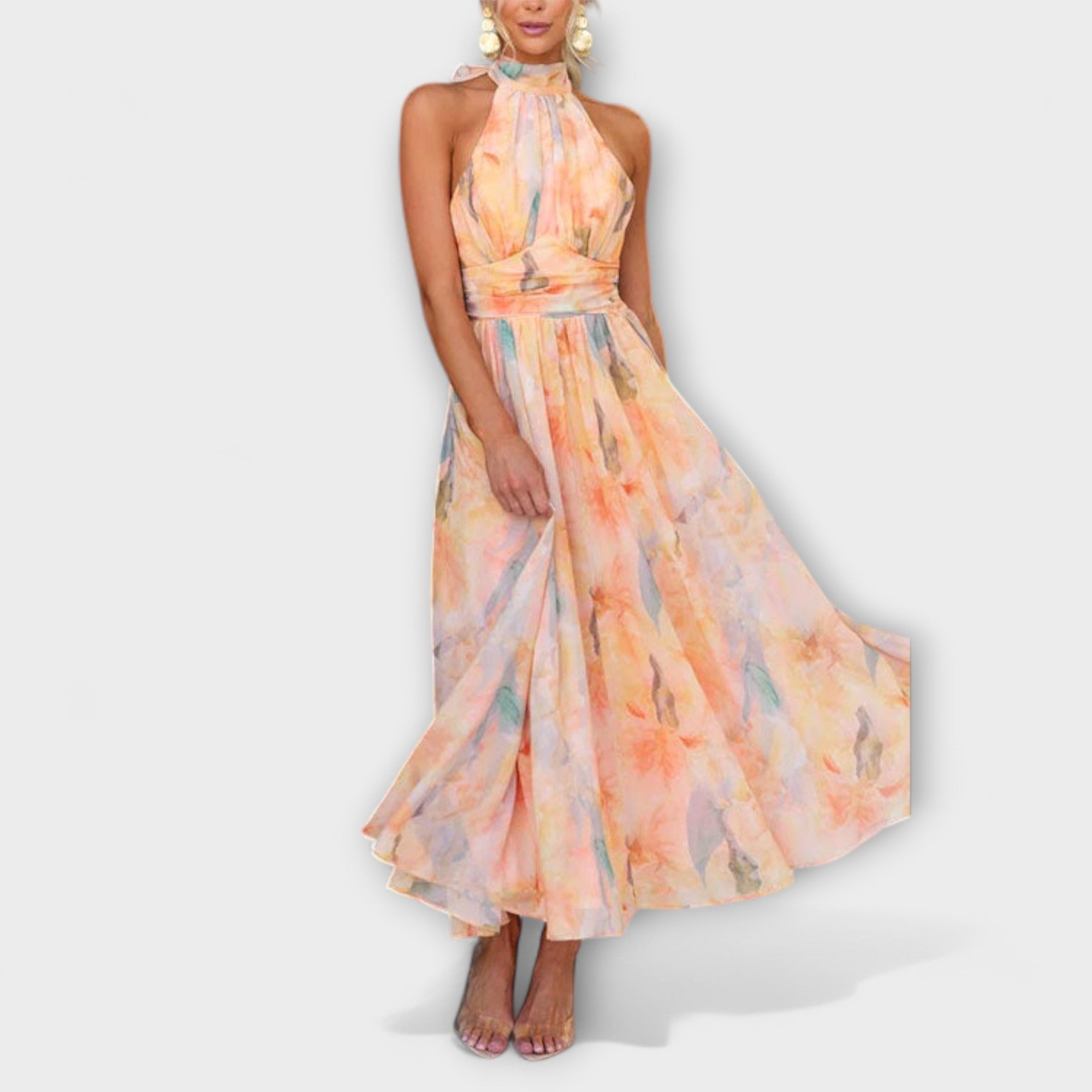 Halter-Nack Aquarelltryck Maxi Klänning