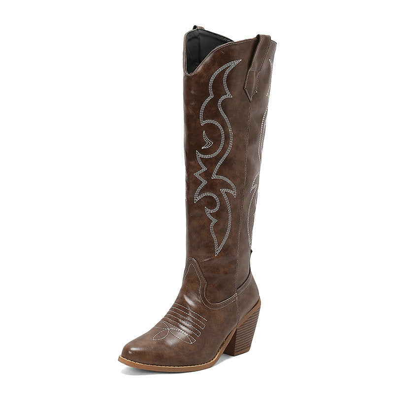 Retro Cowgirl Läderstövlar - Knähöga & Chunky Häl
