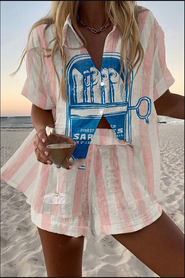 Silava™ | Kort Linne Set med Sardintryck