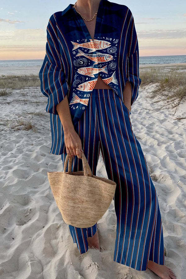 Zairine™ | Linne Set med Blå Koi Tryck