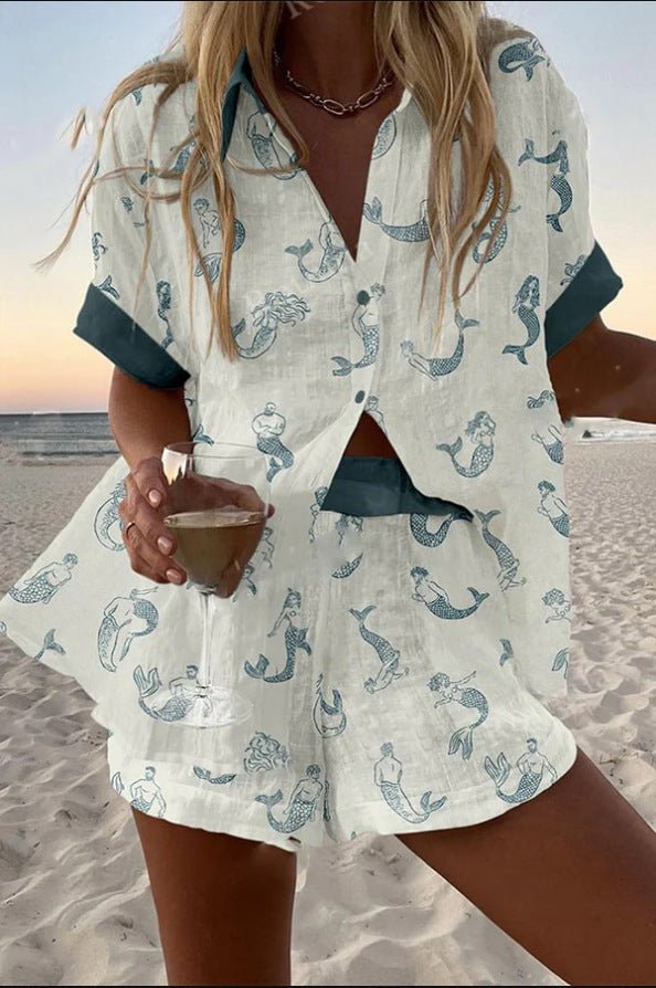 Jalira™ | Kort Linne Set med Sjöjungfru Tryck