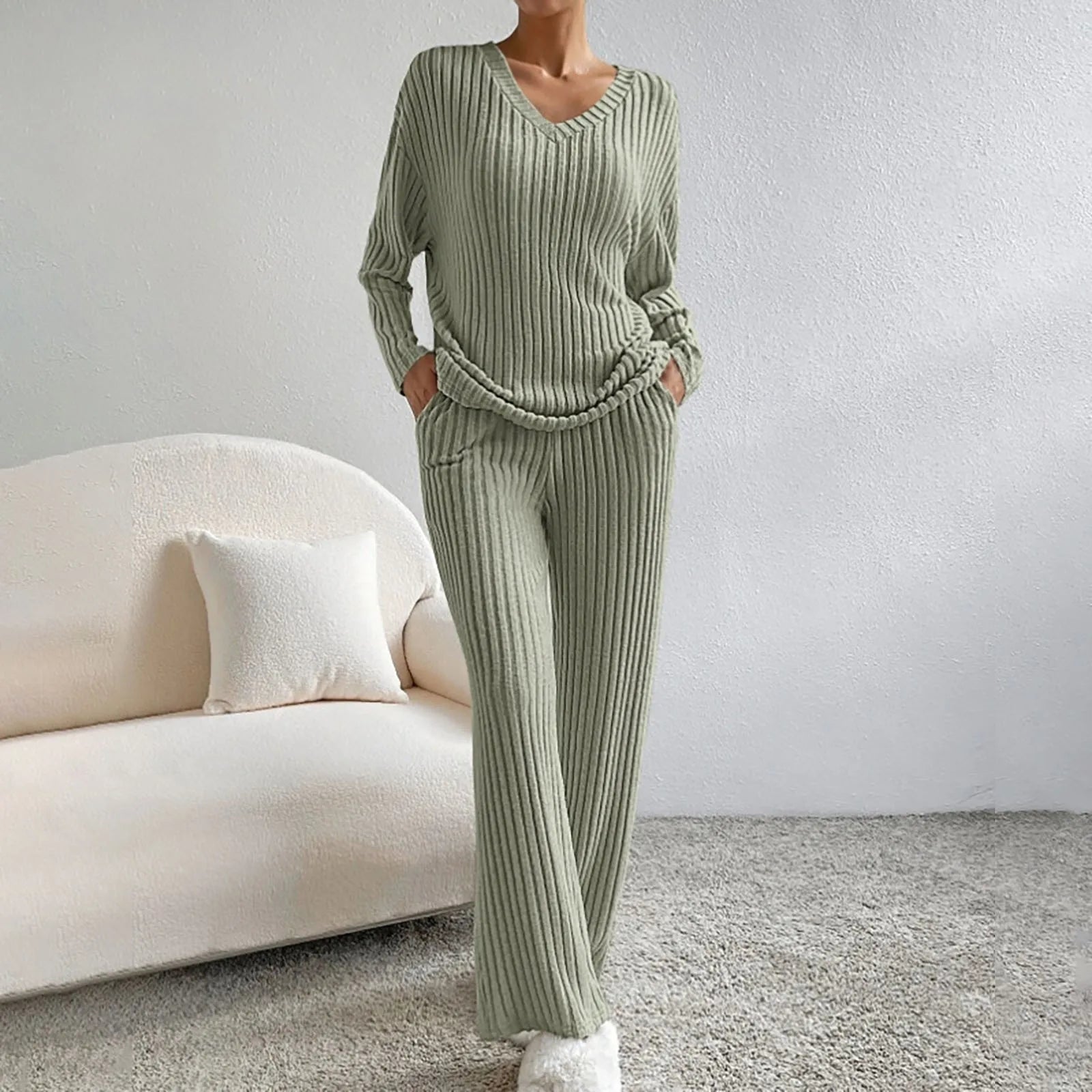 Natalie | V-Ringad Ribbad Stickad Lounge Set
