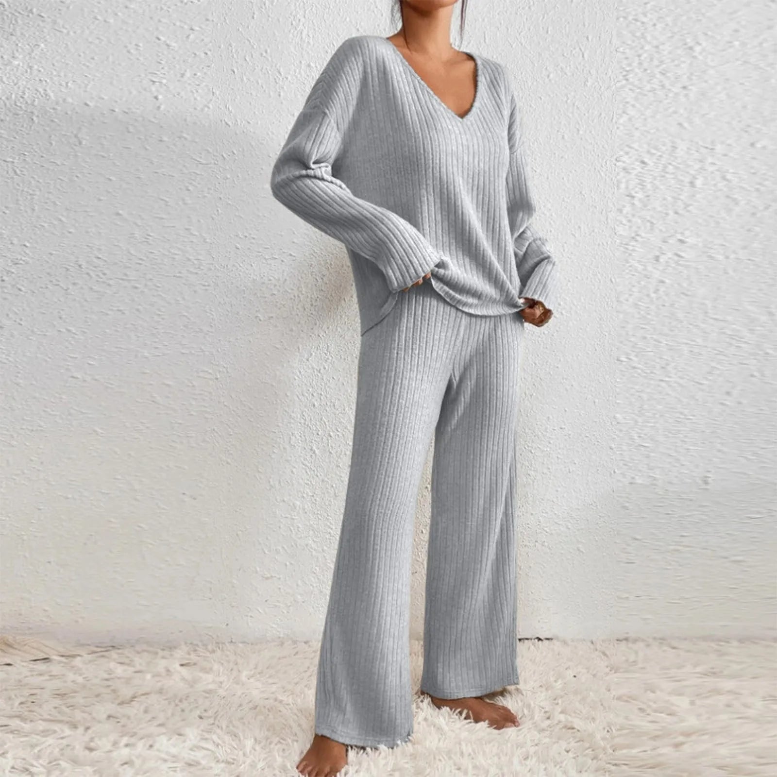 Natalie | V-Ringad Ribbad Stickad Lounge Set
