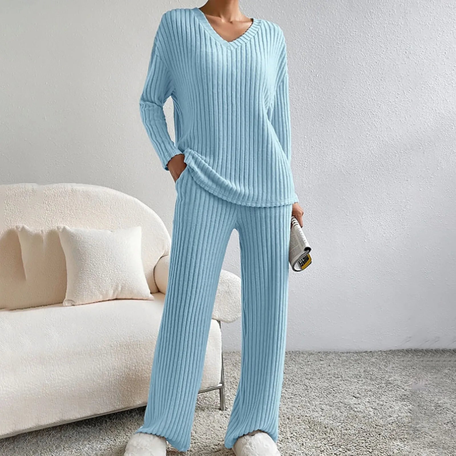Natalie | V-Ringad Ribbad Stickad Lounge Set