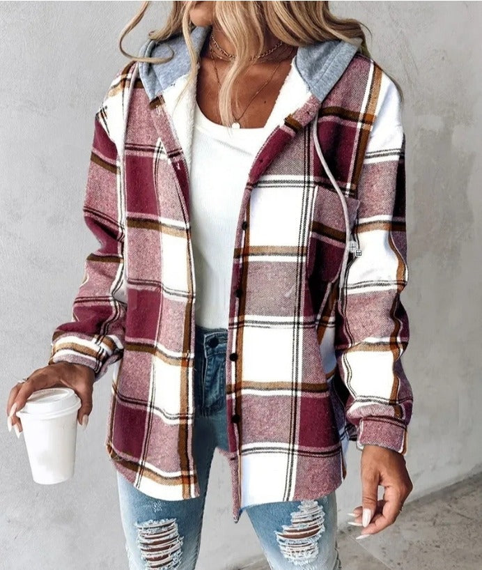 Maddie | Avslappnad Hoodie Rutig Skjorta Jacka