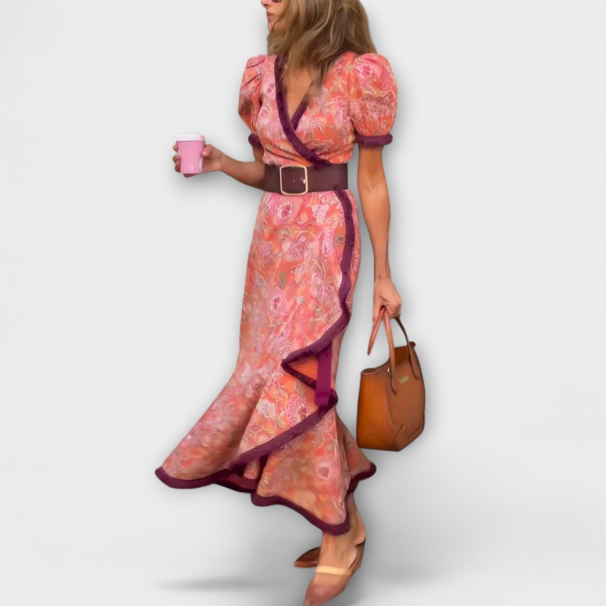Elegant Rosa Maxi-Klänning med Korta Ärmar