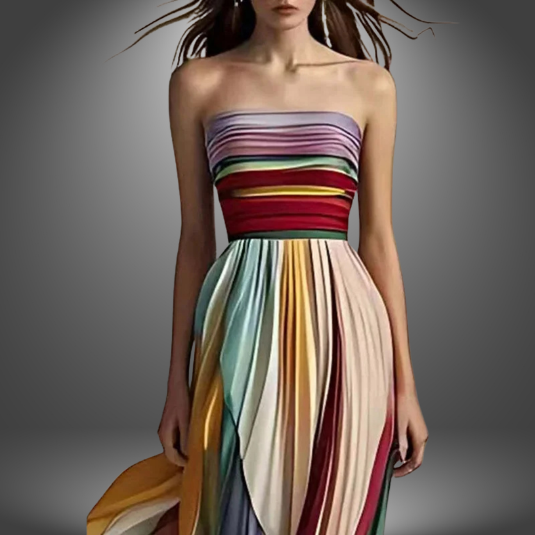 Abigail | Strapless Färgglad Plisserad Maxiklänning