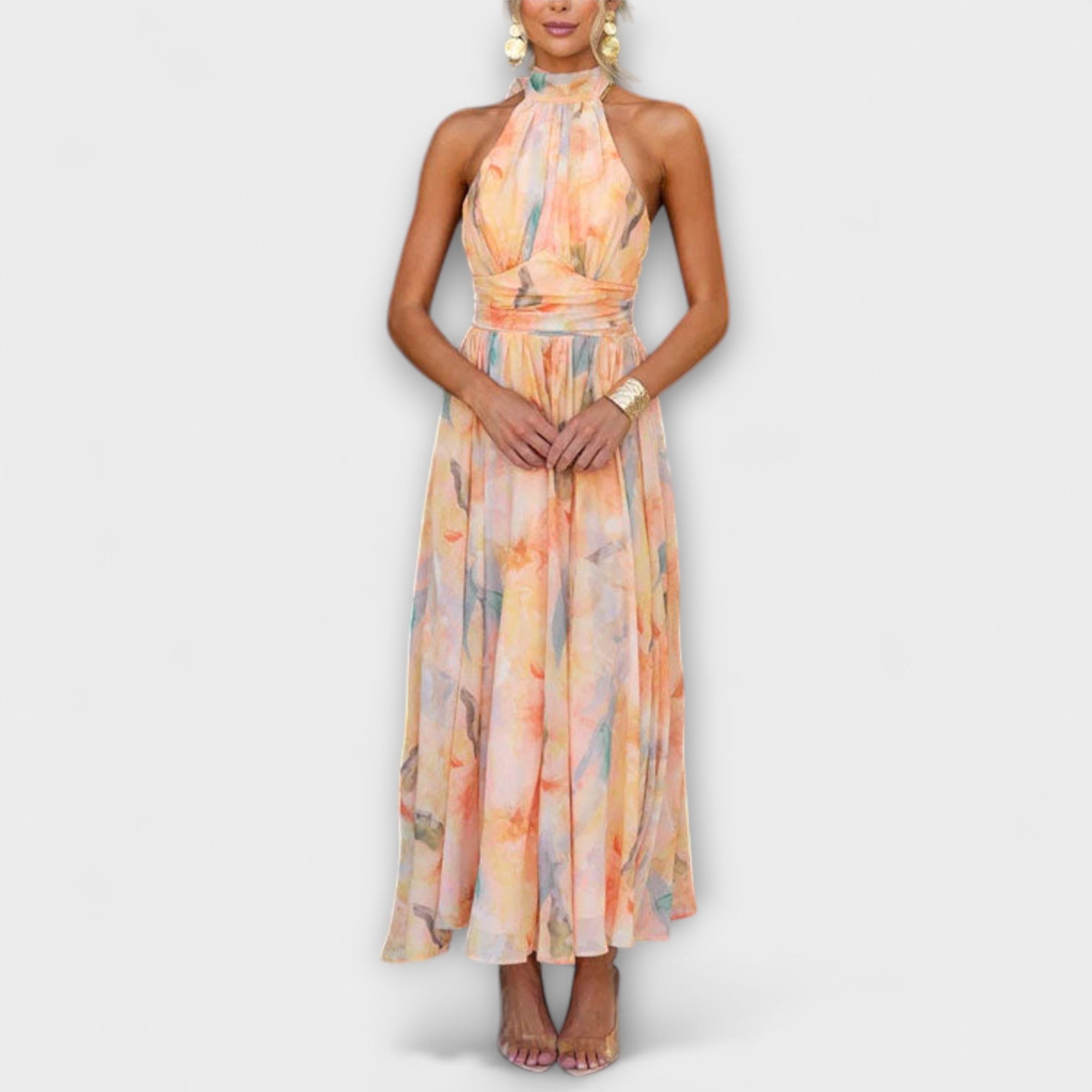 Halter-Nack Aquarelltryck Maxi Klänning