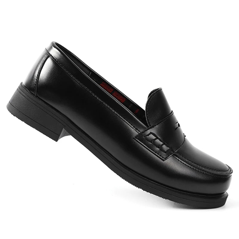 Japanskinspirerade loafers för dam – Slip-on pumps med låg blockklack och rund tå