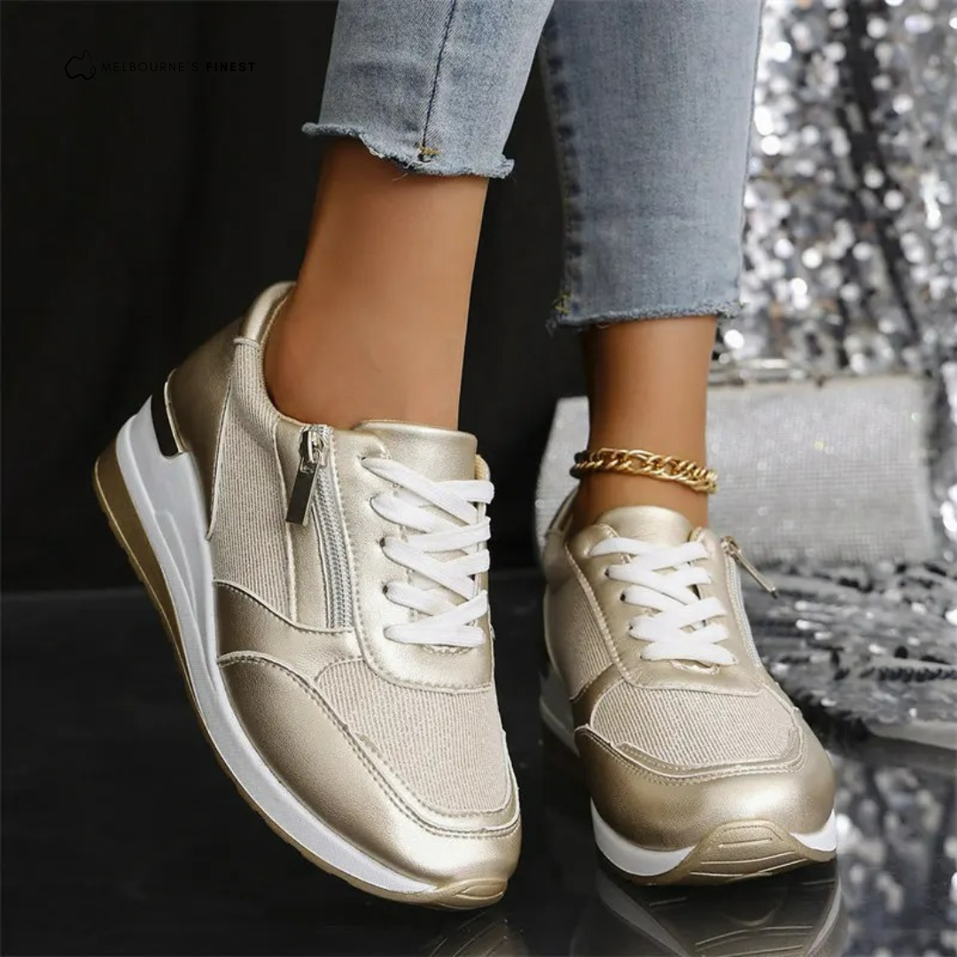 Jenny | Snörning Sneakers med Sidodragkedja i Glittrande Silver och Guld