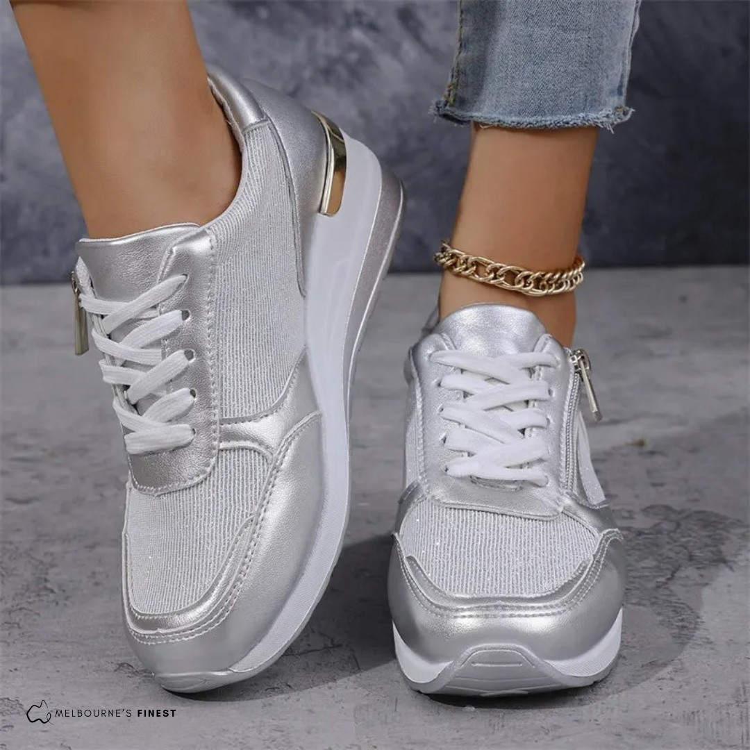 Jenny | Snörning Sneakers med Sidodragkedja i Glittrande Silver och Guld