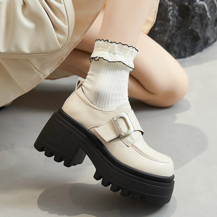 Beautiful Foot Power engelska stil preppy skor 2025 – Tjock sula och rund tå med hög klack