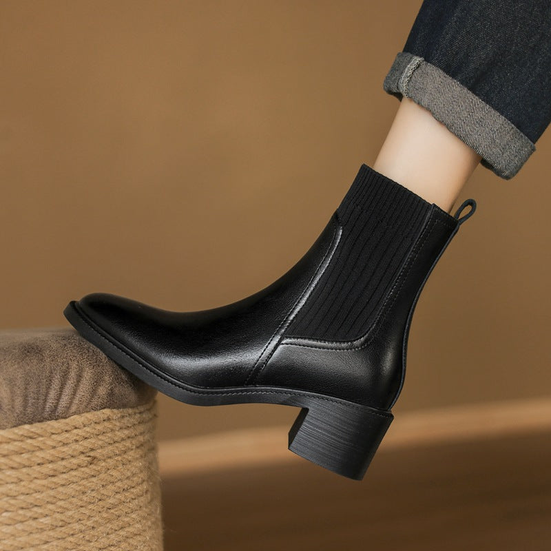 Stickade ullboots med rund tå och tjock klack – Retro korta stövlar för höst och vinter 2025