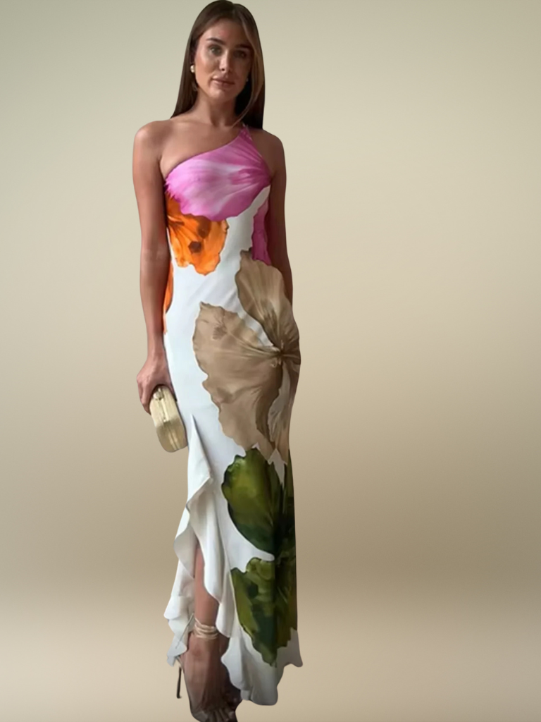 FLORÉLIA ASYMMETRISKT SATIN MAXIKLÄNNING
