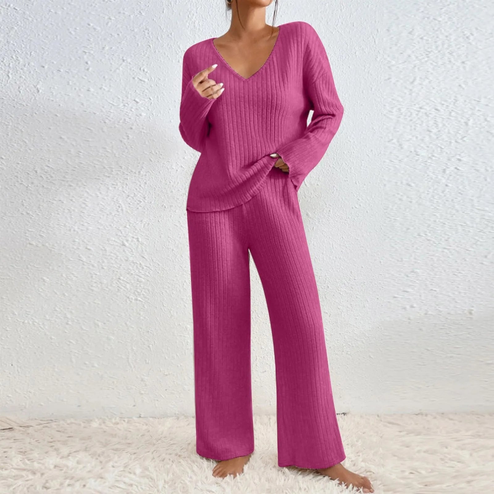 Natalie | V-Ringad Ribbad Stickad Lounge Set