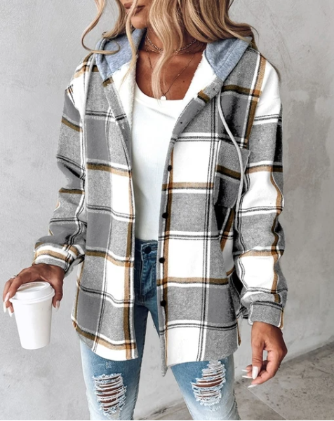 Maddie | Avslappnad Hoodie Rutig Skjorta Jacka