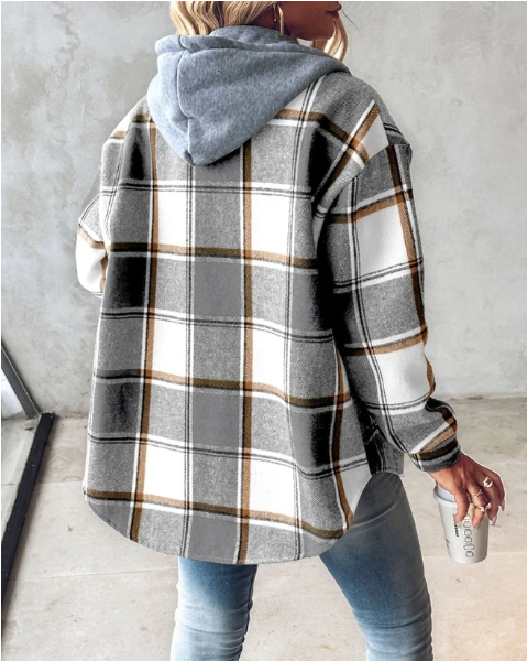 Maddie | Avslappnad Hoodie Rutig Skjorta Jacka