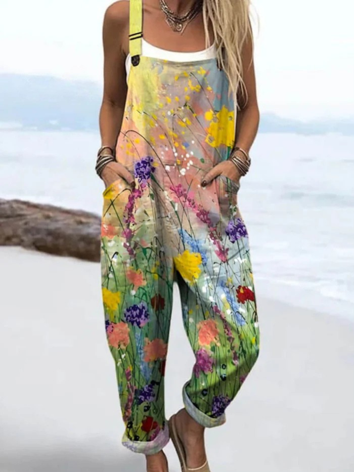 Evelyn | Vintage Blommig Tryck Bred Ben Jumpsuit