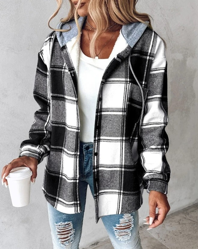 Maddie | Avslappnad Hoodie Rutig Skjorta Jacka