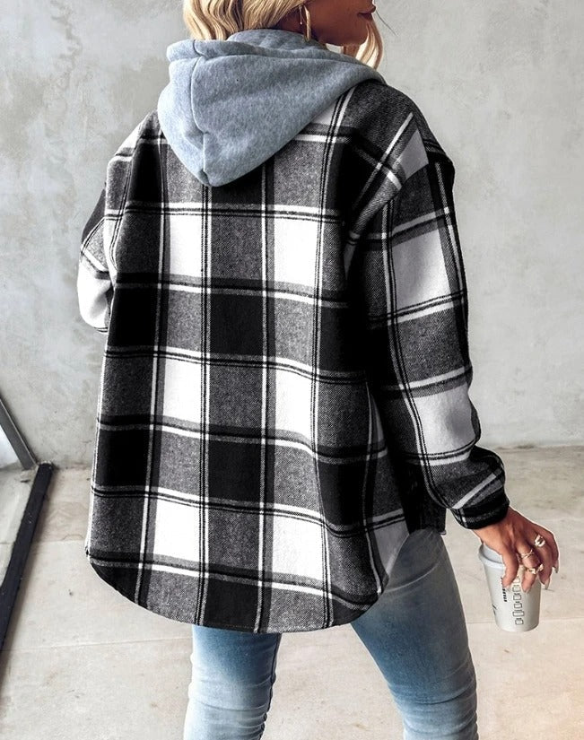 Maddie | Avslappnad Hoodie Rutig Skjorta Jacka