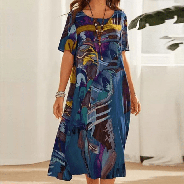Elizabeth | Elegant Blommig Konst Midi Klänning