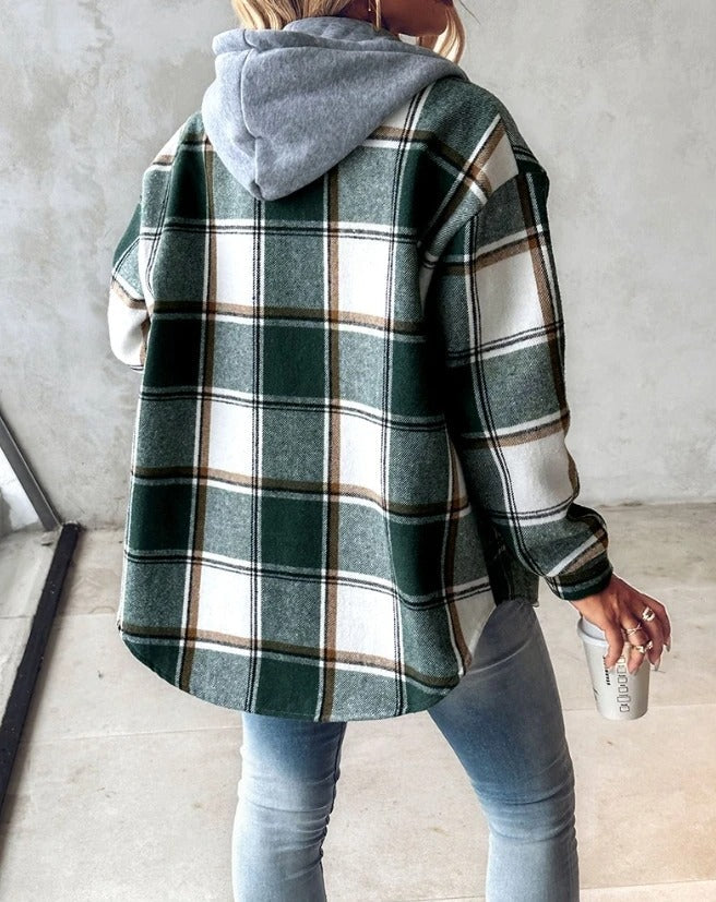 Maddie | Avslappnad Hoodie Rutig Skjorta Jacka